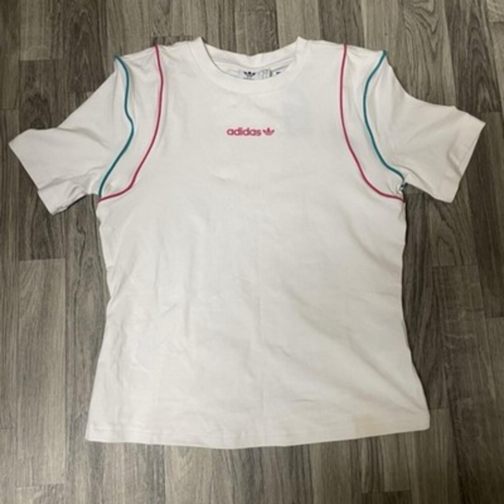 Woman’s Adidas Slim Tee T-Shirt Size Large With Hints Of Pink And Green
